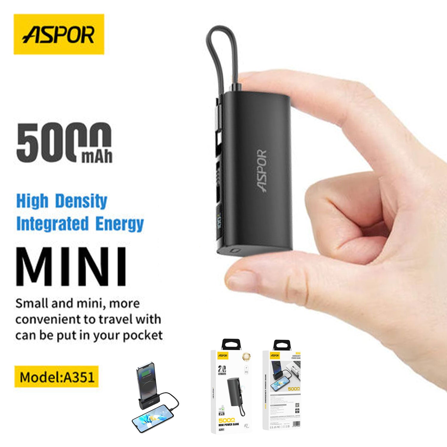 Aspor A351 2 IN 1 IPHONE & TYPE-C Flexible Portable Mini 5000 mAh Power Bank